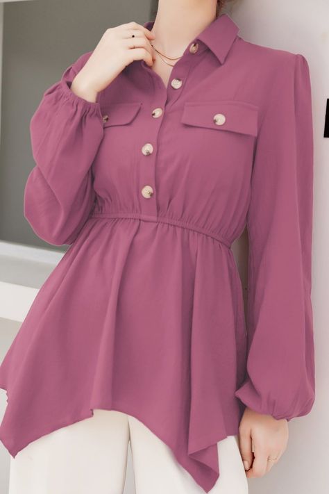 [AffiliateLink] Pink Casual Long Sleeve Cotton Plain Peplum Non-Stretch Spring/Fall Women Tops, Blouses And Tee #womensjeanstopdesign Fancy Top Designs For Women, Korean Blouse Outfit Casual, Stylish Long Tops For Women, Trendy Fashion Tops Long, Fancy Top Design, Jeans Top Design, Korean Tops For Women, Latest Tops For Women, Chiffon Blouses Designs