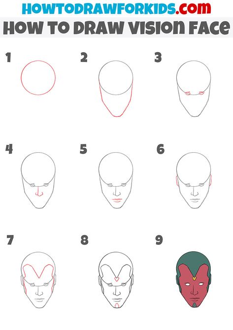 how to draw vision face step by step How To Draw Marvel Characters, How To Draw Avengers, Vision Avengers, Ancient Rome Projects, Art Homeschool, Face Step By Step, Draw Comics, Pencil Drawings For Beginners, Drawing Tutorials For Kids