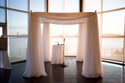 Urban New York City Wedding - Inspired By This Draped Chuppah, Simple Chuppah, Modern Chuppah, White Chuppah, Vintage Wedding Flower Arrangements, Vintage Wedding Cake Table, Vintage Wedding Table Settings, Wedding Chuppah, Riverside Weddings