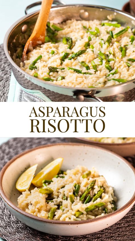 Asparagus Risotto - the perfect light and delicious spring risotto!  Creamy rice, lemon and crisp tender asparagus!  Lemon, light and so tasty!  Meatless, plant based and so good! Vegan Asparagus, Pea Risotto, Asparagus Risotto, Vegetable Risotto, Creamy Asparagus, Asparagus Recipes, Vegan Rice, Risotto Recipe, Meatless Main Dishes