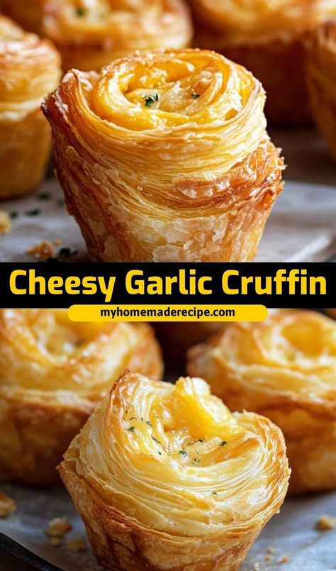 This cheesy garlic cruffin is the best cruffin for a savory, buttery treat. Filled with garlic and melted cheese, it’s the ultimate cruffin for a unique snack or side dish Baking Ideas Savoury, Cheesy Garlic Cruffin Recipe, Cheesy Garlic Crinkle Pie, Unique Dishes Food, Cheesy Garlic Cruffin, Christmas Treats Savory, Garlic Cruffins, Savory Christmas Snacks Gifts, Bing Bread