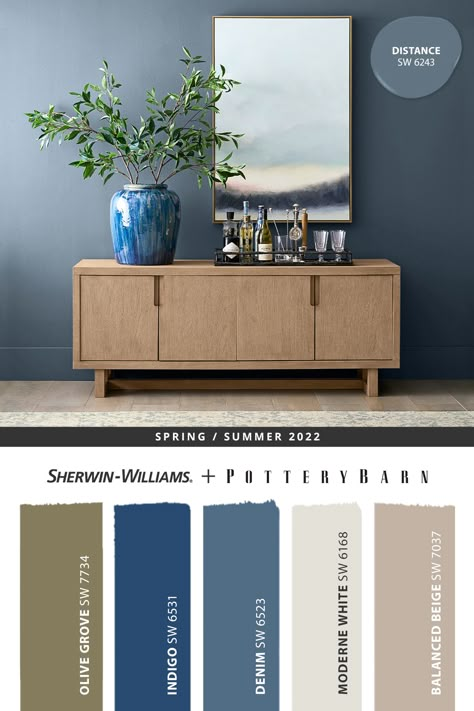 Add instant style to any home bar area with an accent wall painted in a welcoming blue like Distance SW 6243 from Sherwin-Williams, one of the beautiful colors in the @potterybarn Spring/Summer 2022 palette. Tap this pin to find inspiration for your next DIY painting project, then place an online order for everything you need to get started. #sherwinwilliams #potterybarn #DIY #decor #interiordesign #homedecor #painting #colorinspiration #renovation #paint #spring #summer #bar Sherwin Williams Blue Accent Wall Colors, Blue Accent Wall Sherwin Williams, Distance Sherwin Williams, Pottery Barn Paint Colors 2022, Blue Accent Wall Office, Sw Distance, Sherwin Williams Distance, Pottery Barn Paint Colors, Blue Accent Wall Living Room