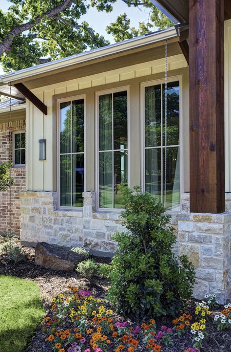 Tuscany Series picture windows with 2x2 grids in tan - Tuscany® Series Vinyl Windows Tan Windows, Modern Windows Design, Exterior Dining, Brown House Exterior, Milgard Windows, Tan House, White Exterior Houses, Ranch House Exterior, Glazed Windows