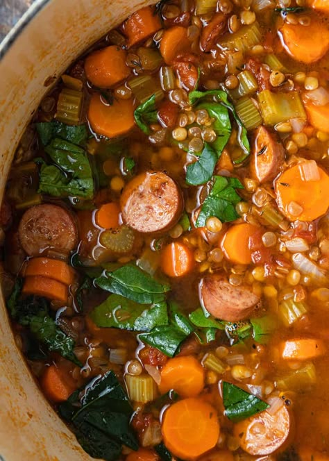 Lentil And Sausage Soup, Lentil Soup Crockpot, Lentil And Sausage, Sausage And Lentil Soup, Lentils And Sausage, Kielbasa Soup, Lentil Sausage Soup, Sausage Soup Recipes, Sausage Stew