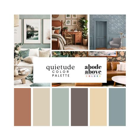 ✦ About this Palette ✦ The "Quietude" palette is all about peaceful vibes, with a soothing mix of neutrals and soft, muted tones. Think warm beiges, soft blues, gentle greens, and cozy browns--perfect for creating a calm and inviting atmosphere. Whether you're going for farmhouse, coastal, or rustic, these colors are super versatile and timeless. They're great for everything from walls to furniture and decor, giving your space that extra touch of comfort and ease. ✦ Featuring Instant Digital Acc Teal And Tan Color Palette, House Palette Interiors, Color Pallete For House Interior, Home Color Pallets Interior, Color Harmony Interior Design, Warm Blue Color Palette, Sage And Blue Color Palette, Hygge Color Palette, Home Decor Color Palettes