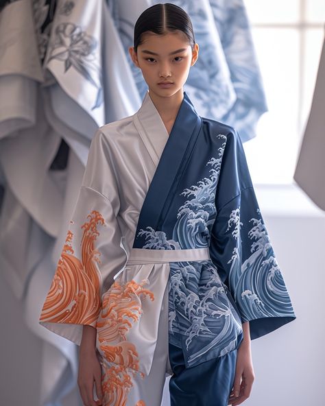 Ukiyo-e Fashion 1.1 Introducing a virtual fashion collection inspired by Katsushika Hokusai's 'Great Wave off the Coast of Kanagawa' woodblock print. 🌊🏯 💜 Follow @mental.macrocosm for more AI creations! 💻 Created with Midjourney Niji v6 #japan #hokusai #fashionart #aifashion #virtualfashion #aiartcommunity #digitalart #artistsoninstagram #midjourney #midjourneycommunity Japan Clothing Style, Modern Kimono Fashion Outfits, Traditional Japanese Fashion, Modern Kimono Fashion, Fashion Kimono, Modern Kimono, Kimono Japan, Ethno Style, Exotic Fashion