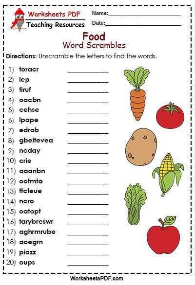 Food Word Scrambles Unscramble The Words Worksheets, Scramble Words Worksheet, Word Scramble For Kids, Word Jumble, Word Puzzles For Kids, Jumbled Words, Unscramble Words, Scramble Words, Spelling Worksheets