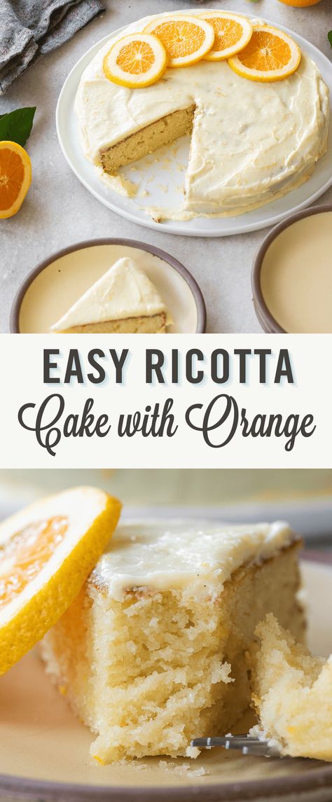 This orange ricotta cake is hands down the easiest and best cake recipe. It's made in one bowl with fresh orange zest for a citrus flavor. The richness of the ricotta and butter delivers a moist, melt-in-your-mouth texture with every bite. I add a hint of zesty orange and a creamy, easy orange icing to top it all off. Ricotta Orange Cake, Orange Ricotta Cake, Butter Cream Icing Easy, Cake Ingredients List, Orange Ricotta, Orange Juice Cake, Orange Icing, Birthday Cake Decorating Ideas, Ricotta Cake