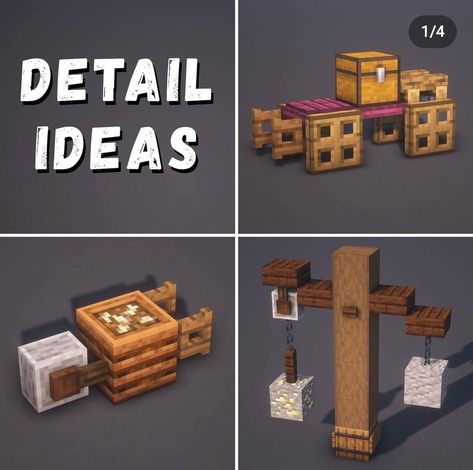 Minecraft Small Things To Build, Minecraft Details Ideas, Minecraft Village Details, Minecraft Medieval Decor, Minecraft Space Fillers, Minecraft Detail Ideas, Minecraft Knowledge, Minecraft Blacksmith Ideas, Minecraft Details