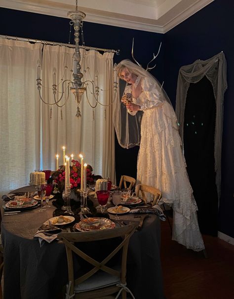 Elegant Halloween Dinner Party, Ghost Dinner, Spooky Halloween Dinner, Elegant Halloween Party, Halloween Dinner Party, Spooky Dinner, Ghost Bride, Halloween Party Dress, Halloween Party Dinner