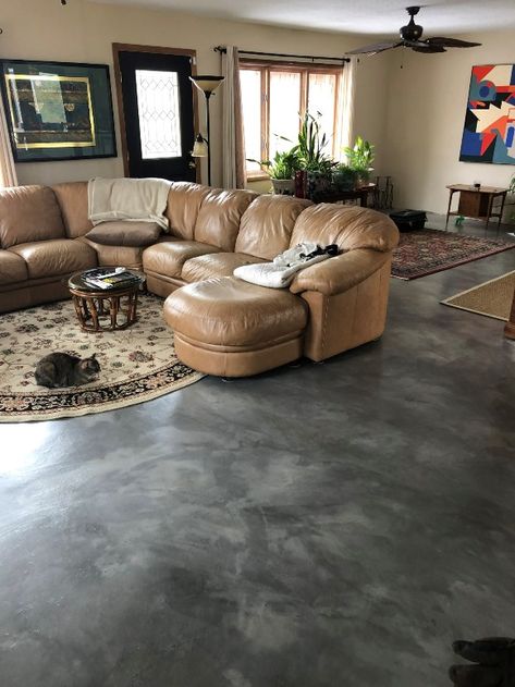 Floor Painting Ideas Concrete Basement, Stained Concrete Floors Marble Look, Stained Gray Concrete Floors, How To Decorate With Concrete Floors, Cement Stain Colors, Concrete Stained Floors Living Room, Stamped Concrete Living Room Floor, Cement Stained Floors, Cement Indoor Floors