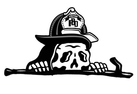 Firefighter Skull Design, Traditional Fireman Tattoo, Firefighter Skull Tattoo, Simple Firefighter Tattoo, American Traditional Firefighter Tattoo, Traditional Firefighter Tattoo, Fireman Tattoo, Traditional Tattoo Black And Grey, Firefighter Tattoos