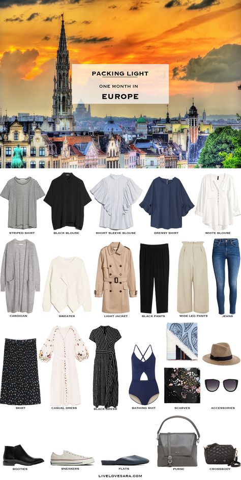 What to Pack for a month in Europe Packing Light List #packinglist #packinglight #travellight #travel #livelovesara Month In Europe Packing, Pack For A Month, Europe Winter Packing, Month In Europe, Europe Packing, Black Blouse Short Sleeve, Winter Packing List, Packing For Europe, Travel Capsule