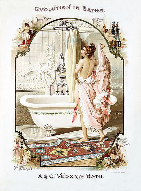 1896 - Evolution in Baths Fancy Bathroom, Scrapbooking Vintage, Foto Transfer, Postal Vintage, Country Cottage Style, Vintage Bath, Bathroom Prints, Vintage Advertising, Vintage Wall Decor