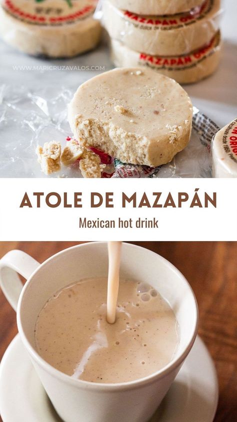 Chocolate Atole Recipe Mexican, Mazapan Drink, Hot Mexican Drinks, Mazapan Latte Recipe, Mazapan Dessert, Authentic Mexican Food Desserts, Mazapan Coffee, Mexican Hot Drinks, Mazapan Latte