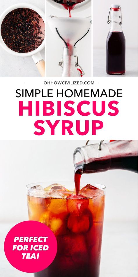 So easy to make at home, hibiscus simple syrup is a delicious way to add a sweet floral flavor to an iced tea. #hibiscus #jamaica #simplesyrup #icedtea #tearecipes Hibiscus Recipe, Summer Tea Recipes, Flavored Iced Tea Recipes, Summer Coffee Drinks, Healthy Teas Recipes, Hibiscus Flower Tea, Hibiscus Drink, Hibiscus Syrup, Simple Syrups