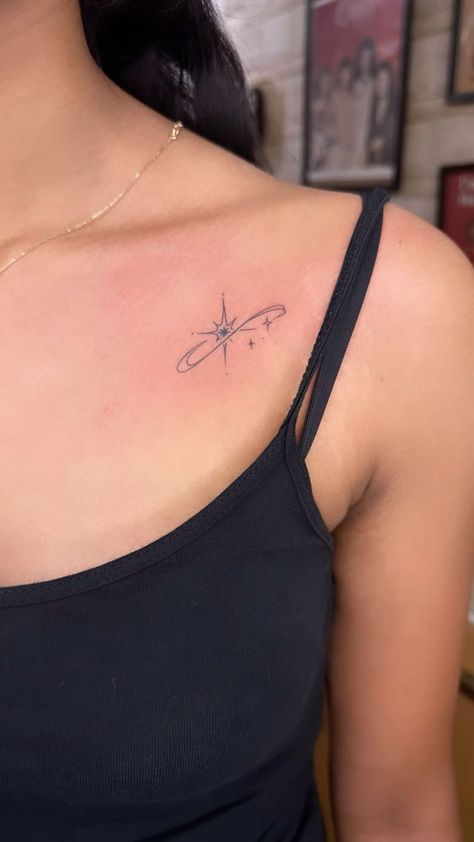 Clavicle Star Tattoo, Stars And Constellations Tattoo, Super Star Tattoo, Cross With Stars Tattoo, Binary Star Tattoo, Sag Constellation Tattoo, Star Arm Tattoos For Women, Pretty Star Tattoos, Rib Star Tattoo