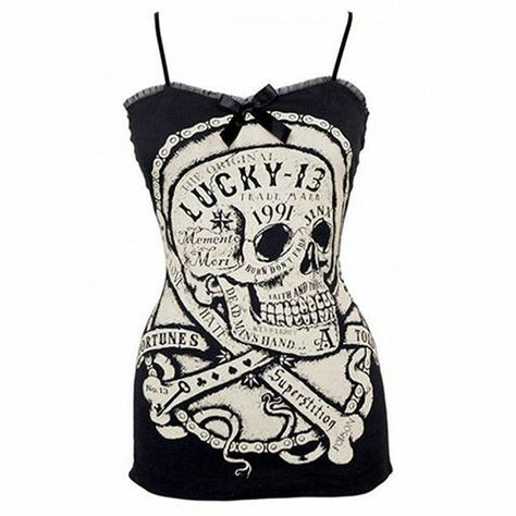 Lucky 13 s strap shirt Ms Fortune, Black Lace Corset, Lucky 13, Skull Clothing, Skull Fashion, Tanktop Girl, Rockabilly Fashion, A Skull, Tank Girl