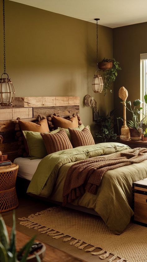 Green Bedroom Ideas for a Relaxing Retreat: 13+ Tips Brown And Green Bedroom Ideas, Sage Green And Brown Bedroom, Brown And Green Bedroom, Earth Tone Bedroom Ideas, Earthy Tones Bedroom, Grey Brown Bedrooms, Earthy Bedding, Green Bedroom Ideas, Green Bed