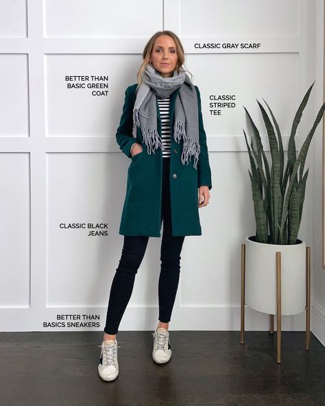 Winter Outfits - 22 Better Than Basic Ideas | Merrick's Art Winter Outfits Basic, Casual Friday Work Outfits Winter, Basic Outfits Winter, Smart Casual Winter Outfits, Green Coat Outfit, Casual Friday Work Outfits, Smart Casual Winter, Friday Outfit For Work, Outfits For Winter