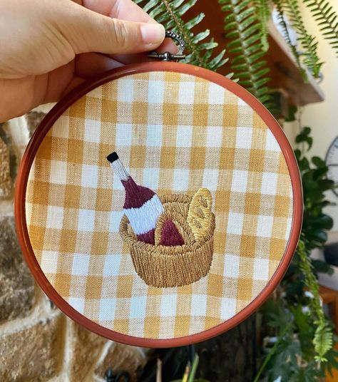 Meg on Instagram: “Can I say, why is linen gingham fabric so expensive like whatttttt 😂😂 anyway, here is a picnic basket on a picnic-looking fabric 🧺” Embroidery On Gingham Fabric, Picnic Embroidery, Food Embroidery, Bunny Embroidery, Textiles Projects, Summer Sewing, Dorm Bedroom, Gingham Fabric, Art Idea