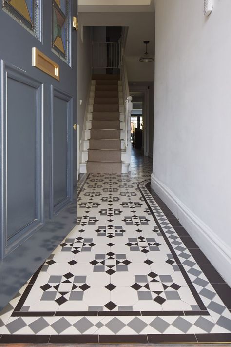 Original Style Tenby Black, Grey & White Patterned Floor Tiles White Grey Tiles, Victorian Tiled Hallway, Terraced House Interior, Victorian Hallway Tiles, Black And White Hallway, Hallway Tiles Floor, Hall Tiles, Entrance Hall Decor, Entryway Tile