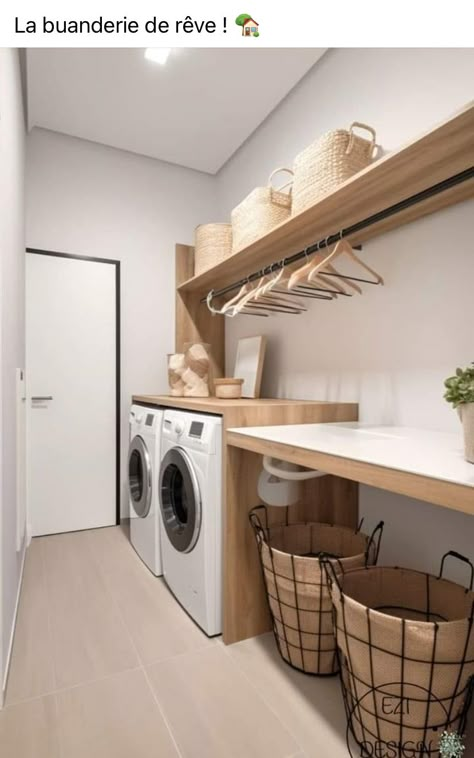 Laundry Room Ideas Long And Narrow, Long Laundry Room Design, Concealed Laundry Room Ideas, Clothes Airer Ideas, Wash Room Ideas, Laundry Island, Washer Dryer Room, Lavaderos Ideas, Pantry And Laundry Room Combo