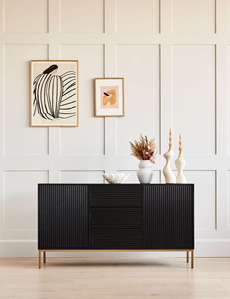 Black Credenza, black buffet, black sideboard. Grey bord and battan. Modern Black Sideboard, Brass Sideboard, Black Buffet, Hallway Inspiration, Buffet Tables, Dark Furniture, Black Sideboard, Wooden Sideboard, Black Furniture