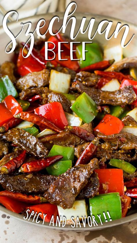 This Szechuan beef is a spicy stir fry made with tender pieces of beef and colorful vegetables, all tossed in a sweet and savory sauce. Tomato Pepper Beef Stir Fry, Beef Schezuan Chinese Food, Schezwan Beef Stir Fry, Shaved Beef Stir Fry, Schezwan Beef, Kung Pao Beef, Spicy Beef Stir Fry, Spicy Stir Fry, Chinese Beef Recipes