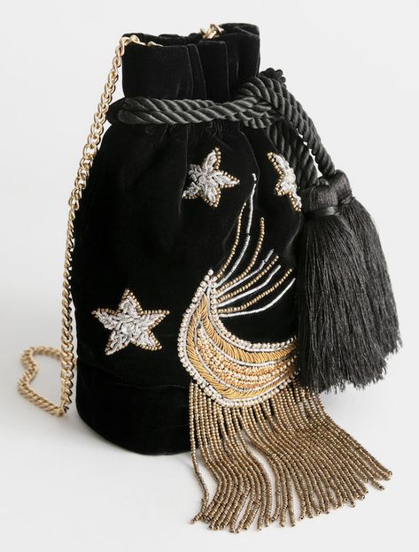 & Other Stories Moon Bag – Embroidered Crossbody Velvet Pouch... Embroidered Moon, Black Clutch Bag, Square Handbag, Moon Bag, Handbag Collection, Potli Bags, Gold Bag, Black Clutch, Platform Sandals Heels