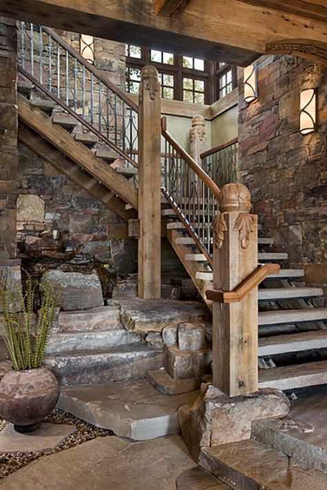 Mountain contemporary home with rustic details in Big Sky Rustic Staircase, Rustic Stairs, Traditional Staircase, Stone Stairs, Rustic Stone, Rustic Living, Mountain Home, Stone House, Style At Home