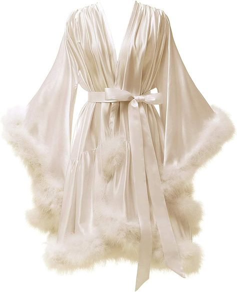 Women's Feather Robes Silk Satin Bridal Wedding Robe Dressing Gown Premium Lingerie Bathgown Sleepwear Blush L/XL at Amazon Women’s Clothing store Fancy Robes, Bridal Dressing Gown, Pijamas Women, Robe Silk, Crop Top Dress, Silk Robe, Dressing Gown, Wide Sleeves, Fur Trim