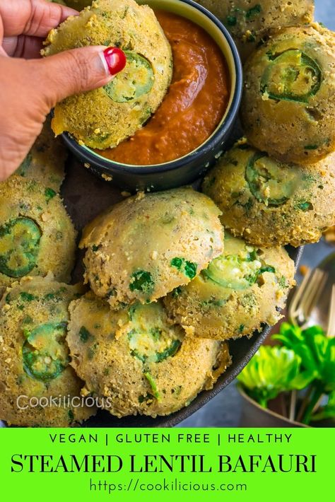 Steamed Bafauri is an easy to make lentil snack from the Bhojpuri cuisine. A healthy alternative to fried pakoras, less in calories, vegan & very delicious! Steamed Lentils, Steamed Recipes, Cooking Lentils, Evening Snacks Indian, Steamed Dishes, Steamed Food, Vegan Snack Recipes, Idli Recipe, Chana Dal