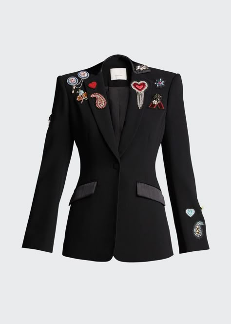 Blazer With Patches, Custom Blazers, Custom Blazer, Blazer Ideas, Tailored Clothes, Cinq A Sept, Embroidered Christmas, Event Outfit, Festive Wear