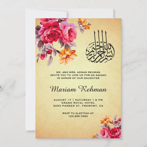 Vintage Floral Bouquet Baby Girl Aqiqah Invitation | Zazzle.com Aqeeqah Invitation Card, Aqiqah Invitation, Vintage Floral Bouquet, Parchment Background, Wedding Invitation Size, Islamic Wedding, Gold Wedding Invitations, Muslim Wedding, Floral Invitation