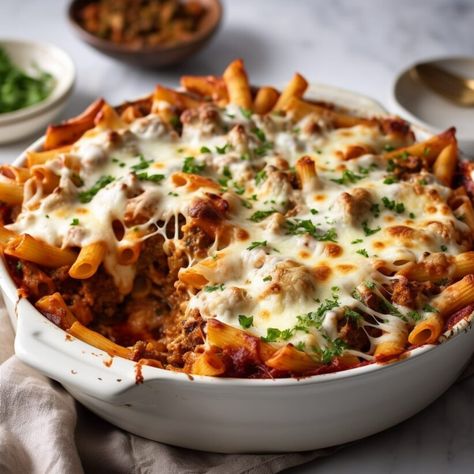 Baked ziti with meatballs- juicy meatballs nestled in a bed of ziti pasta, all smothered in a tomato sauce topped with melty, gooey cheese. Meatball Baked Ziti, Ziti With Meatballs, Baked Ziti With Meatballs, Delicious Dinner Ideas, Juicy Meatballs, Ziti Pasta, Meatball Bake, Filled Pasta, Marinara Sauce Homemade