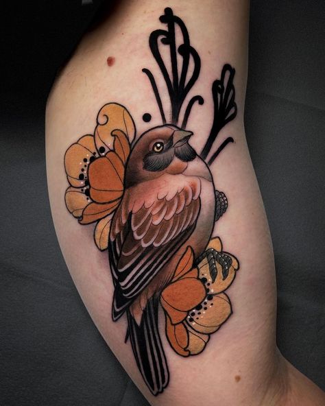 Neotraditional Sparrow, Neo Trad Bird Tattoo, Neo Traditional Sparrow Tattoo, Neo Traditional Bird Tattoo, Woodpecker Tattoo, Bird Tattoo, Sparrow Tattoo Design, Neo Traditional Art, Tatuaje Cover Up