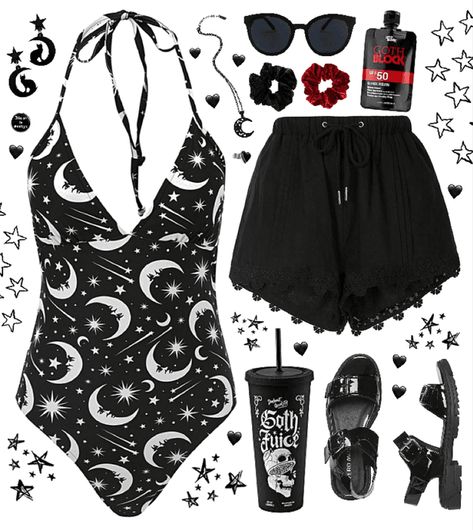 Goth Bathing Suit Aesthetic, Pool Aesthetic Outfit, Goth Hot Weather Outfit, Goth Travel Outfit, Goth Pool Outfit, Spooky Summer Outfits, Goth Pool Party, Goth Cruise Outfits, Gothic Beach Outfit