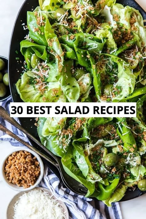 While most meals are improved by the addition of a fresh, crisp green salad, these 30 salad recipes prove that it can be so much more than just a healthy side dish. Crisp And Green Salad Recipes, Best Salad Ever Recipe, Mix Greens Salad Recipes, The Best Salad I've Ever Eaten, Fancy Green Salad Recipes, Exciting Salad Recipes, Side Green Salad Recipes, Salad Recipes For Steak Dinner, 5 Star Salads