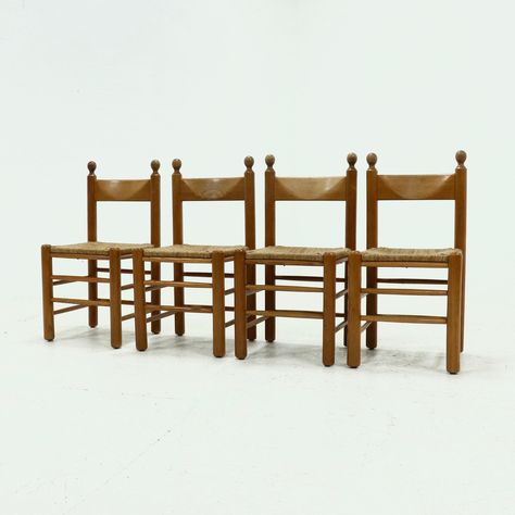 Listed on VNTG.com: Set of 4 Solid Oak & Rush Brutalist Dining Chairs, 1960s | #vntg #vintage Brutalist Dining Chair, Pine Dining Chairs, Thonet Dining Chairs, Bauhaus Chair, Chrome Chair, Parlor Chair, Metal Folding Chairs, Art Deco Chair, Deco Chairs