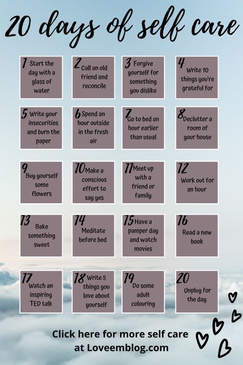 Take 20 days to complete the self-care challenge! Each day gives a new task to do so by the end of it you're feeling relaxed, appreciated and refreshed. This is the perfect challenge to complete in lockdown   #challenge #selfcare #love #gratitude Tasks To Do, 20 Days Glow Up Challenge, 20 Day Glow Up Challenge, 21 Days Challenge To A Better You, Happiness Advice, Mindfulness Challenge, Care Tasks, 20 Day Challenge, Self Care Challenge