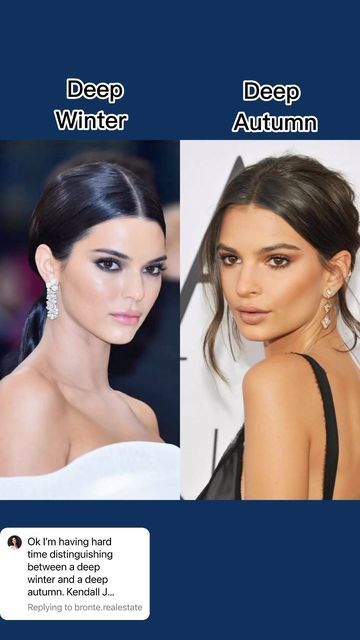 Nathalia Vaz-Image Consultant on Instagram: "Do you know the difference between deep winter and deep autumn? Let me know in the comments! . . . . #coloranalysis #colorseason #colorcontrast #kendalljenner #emilyratajkowski #emrata #kendal #deepwinter #deepautumn #coloranalyst #nathaliaevaz" Kendall Jenner Deep Winter, Kendall Jenner Color Analysis, Deep Autumn Celebrities, Deep Winter Celebrities, Deep Winter Colors, Deep Autumn, Seasonal Color Analysis, Deep Winter, Image Consultant