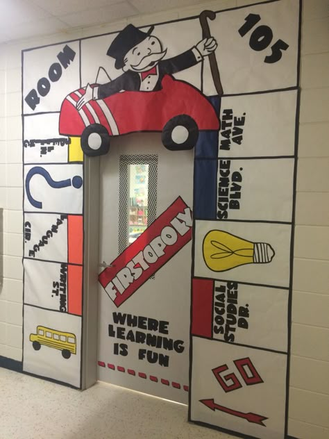 Board Game Classroom Door Decorations, Decorating With Board Games, Monopoly Classroom Decorations, School Game Room Ideas, Game Board Decorating Ideas, Energy Express Themes, Board Game Theme Classroom Doors, Video Game Classroom Door, Monopoly Hallway Theme