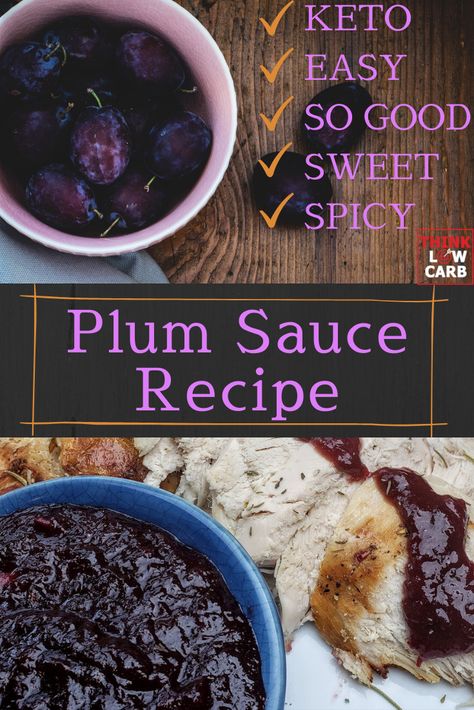 This versatile and tasty condiment is slightly sweet, a tad tart with a hint of heat. My plum sauce recipe is sugar free, keto approved, low carb and paleo. A delicious and easy to make finishing sauce for roasted duck, chicken, shrimp, pork or turkey. I’ve even used this as a yummy sugar free jam. Plum Sauce Recipe Easy, Keto Plum Recipes, Plum Pie Filling Recipe, Plum Sauce Recipe, Keto Sauce, Keto Condiments, Cheese Sauces, Plum Pie, Low Carb Noodles