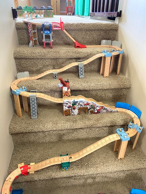 Wooden Railway Train Stair Build Wooden Train Track Accessories, Wooden Train Track Storage, Wooden Train Storage, Brio Train Track Layout, Brio Train Storage, Wood Train Track Layout, Wooden Train Track Layout Ideas, Brio Train Layout Ideas, Train Track Storage