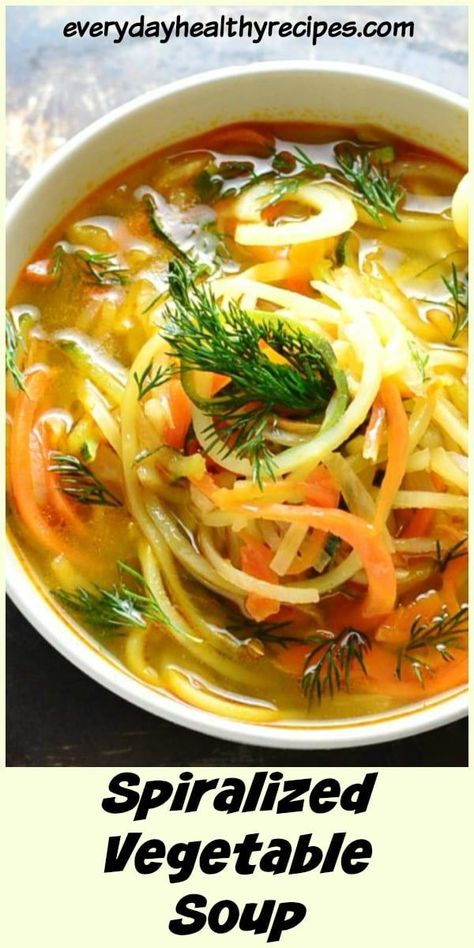 This nutritious spiralized vegetable soup recipe is gluten free and vegan, and takes only about 10 minutes to make! #spiralizerrecipes #spiralizer #spiralized #vegansoup #vegetablesoup #easysoup #healthysoup #everydayhealthyrecipes Spiralizer Recipes Healthy, Spiral Veggies, Spiral Vegetable Recipes, Soup Low Carb, Vegetable Noodle Soup, Vegetable Noodle, Vegetable Soup Recipe, Zoodle Recipes, Spiralized Vegetables