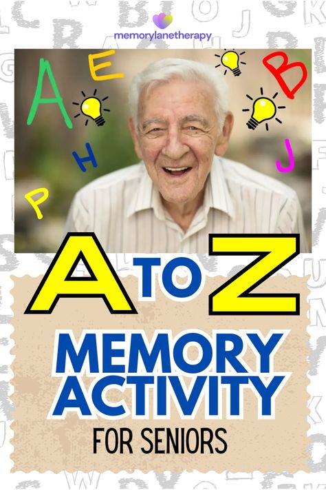 Boost memory and engage seniors with our A to Z Memory Activity! From A to Z, stimulate recall and creativity with this engaging exercise. Challenge participants to come up with words or memories that start with each letter of the alphabet. It's a fun and interactive way to exercise the mind and spark lively conversations. Join us for an alphabet adventure that will leave you with smiles and cherished memories! #senioractivities #memoryexercise #AtoZactivity Individual Activities For Seniors, 1:1 Activities For Seniors, Memory Activities For Adults, Elder Activities, Alphabet Games For Kindergarten, Memory Games For Seniors, Activity For Seniors, Alphabet Adventure, Elderly Crafts