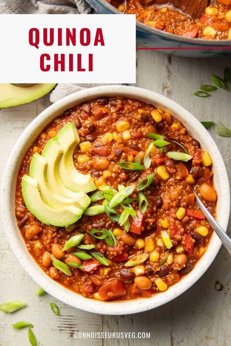 Vegan Quinoa Chili, Chickpeas Recipes, Slow Cooker Quinoa, Best Vegan Chili, Vegan Chili Recipe, Quinoa Chili, Chili Toppings, Vegan Slow Cooker, High Protein Vegan Recipes