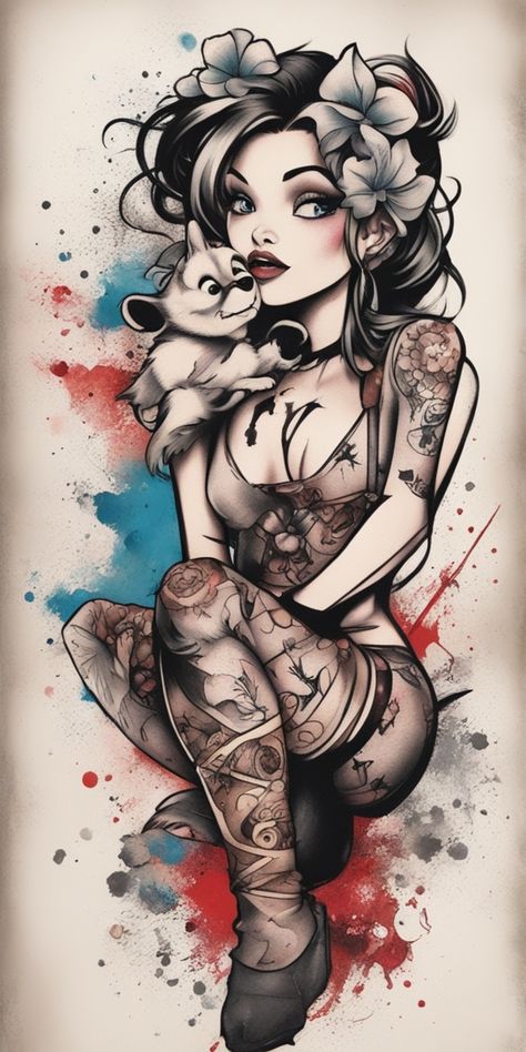 This image showcases a vibrant Disney-themed tattoo, done in a unique trash polka style. Bold colors bring to life classic characters, contrasted sharply against a blank canvas, encapsulating childlike wonder with an edgy twist. Wicked Tattoo Ideas, Girly Hand Tattoos, Dark Disney Tattoo, Cute Best Friend Tattoos, Norse Mythology Tattoo, Abstract Art Tattoo, Steampunk Tattoo, Dark Tattoos, Totem Tattoo