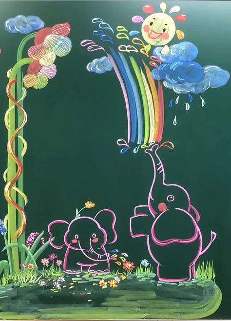 Blackboard Decoration Classroom, Boards Decoration Ideas, School Notice Board, Black Board Ideas, Blackboard Decoration, Class Board Decoration, School Chalkboard Art, Drawing Decoration, Fun Chalk Art